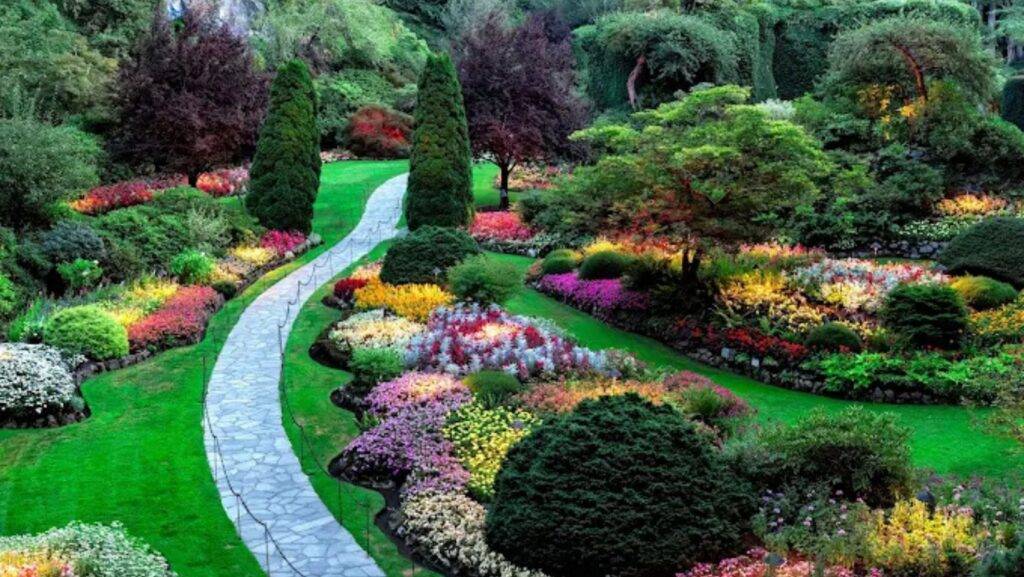 Vibrant commercial landscape design planning with colorful flower beds, manicured lawn, and a stone walkway through a professionally designed garden.