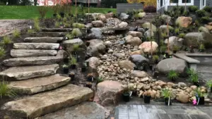Landscape design Grand Rapids featuring a custom front yard with manicured lawn, layered planting, and a welcoming residential approach
